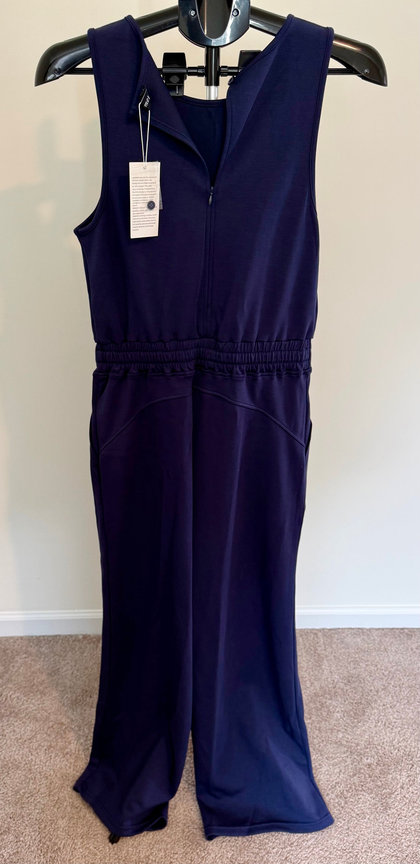 Navy Sleeveless Jumpsuit with Drawstring Waist – Soft Stretch Knit, Size M