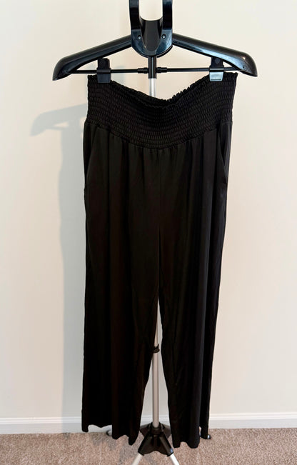 Black Smocked Waist Wide-Leg Pants – Lightweight Flowy Fit SIZE XL