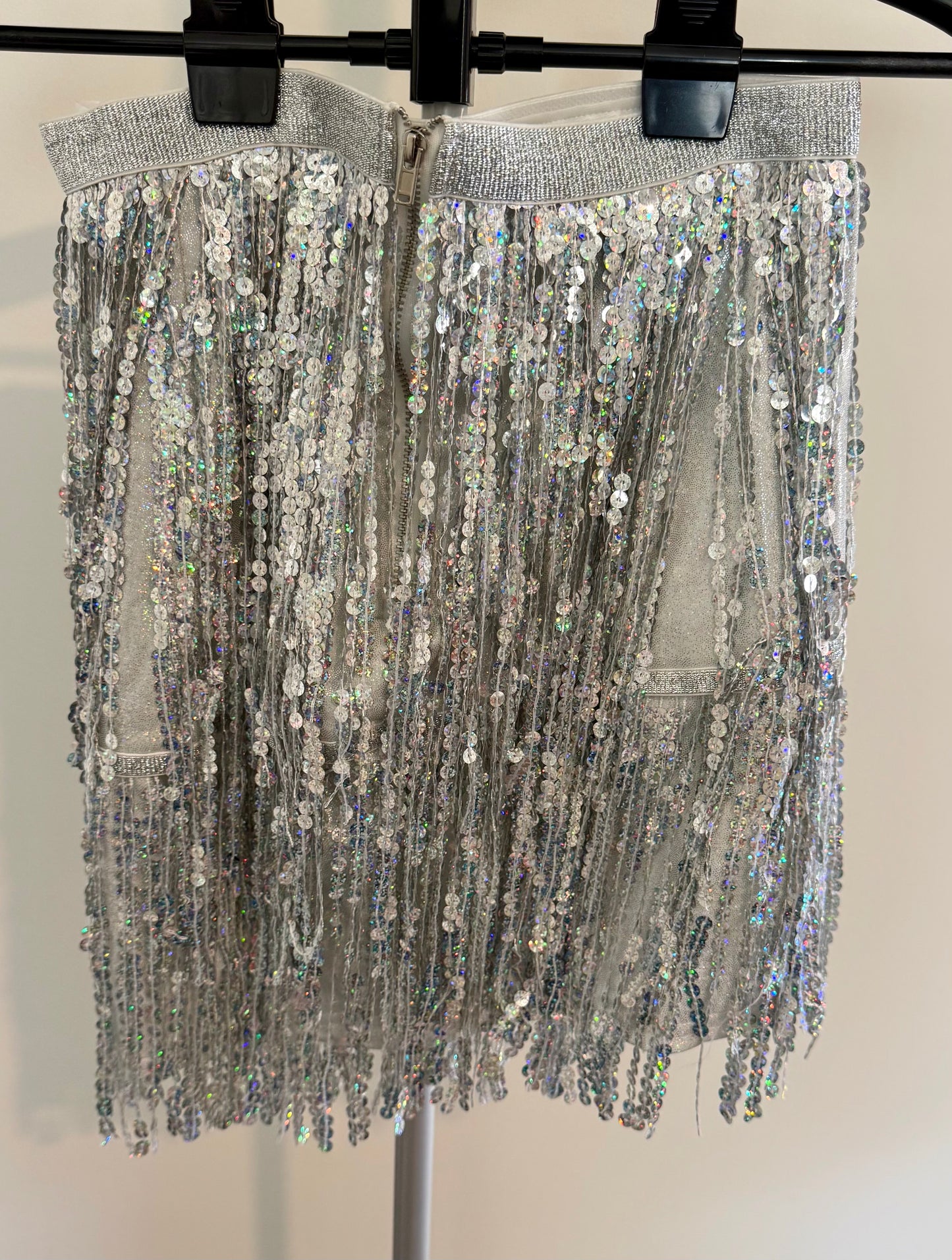 Silver Sequin Fringe Mini Skirt – Sparkly Party / Dance Skirt SIZE 4-6