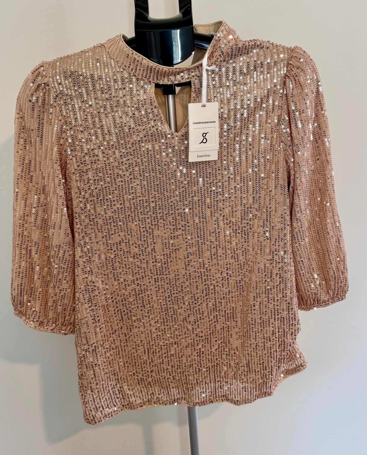 Gold Sequin Blouse – Puff Sleeve Party Top SIZE MEDIUM