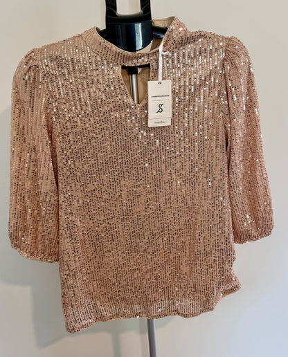 Gold Sequin Blouse – Puff Sleeve Party Top SIZE MEDIUM