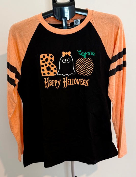 “BOO” Happy Halloween Long Sleeve Shirt – Orange & Black Raglan Top SIZE XL