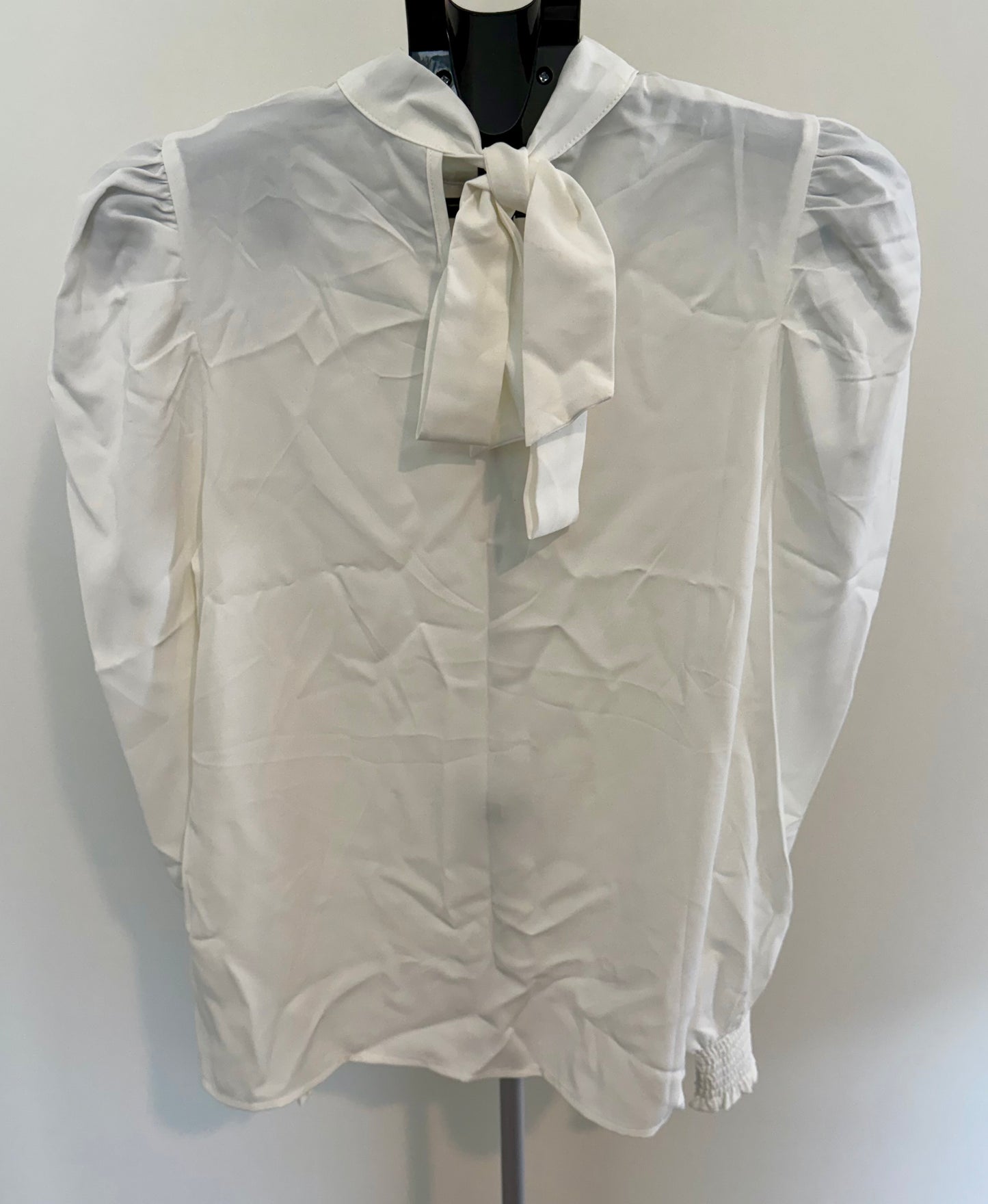 White Puff Sleeve Mock Neck Blouse – Elegant Long Sleeve Top SIZE SMALL