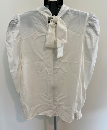 White Puff Sleeve Mock Neck Blouse – Elegant Long Sleeve Top SIZE SMALL