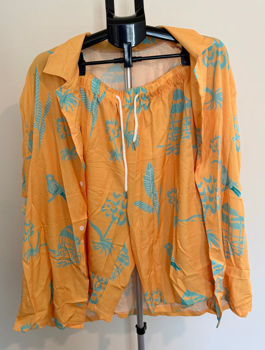 Women’s Tropical Lounge Set – Orange & Teal 2-Piece Button-Down and Shorts/Top SIZE 3XL