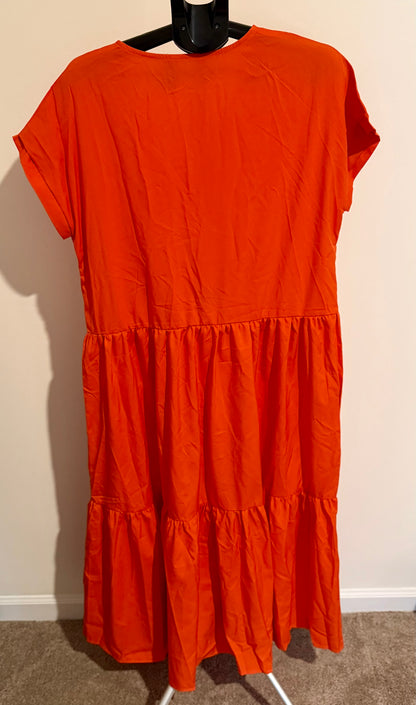 Women's Orange Tiered Midi Dress – Short Sleeve, V-Neck SIZE XL