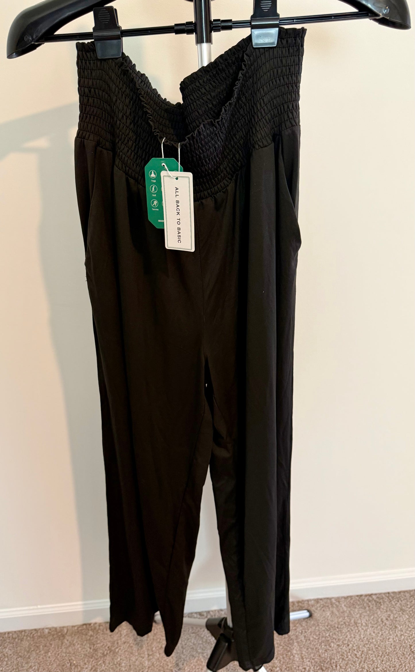 Black Smocked Waist Wide-Leg Pants – Lightweight Flowy Fit SIZE XL