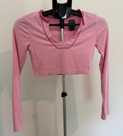 Pink Ribbed Long Sleeve Crop Top – Soft Stretchy Fit SIZE MEDIUM
