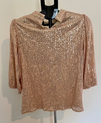 Gold Sequin Blouse – Puff Sleeve Party Top SIZE MEDIUM