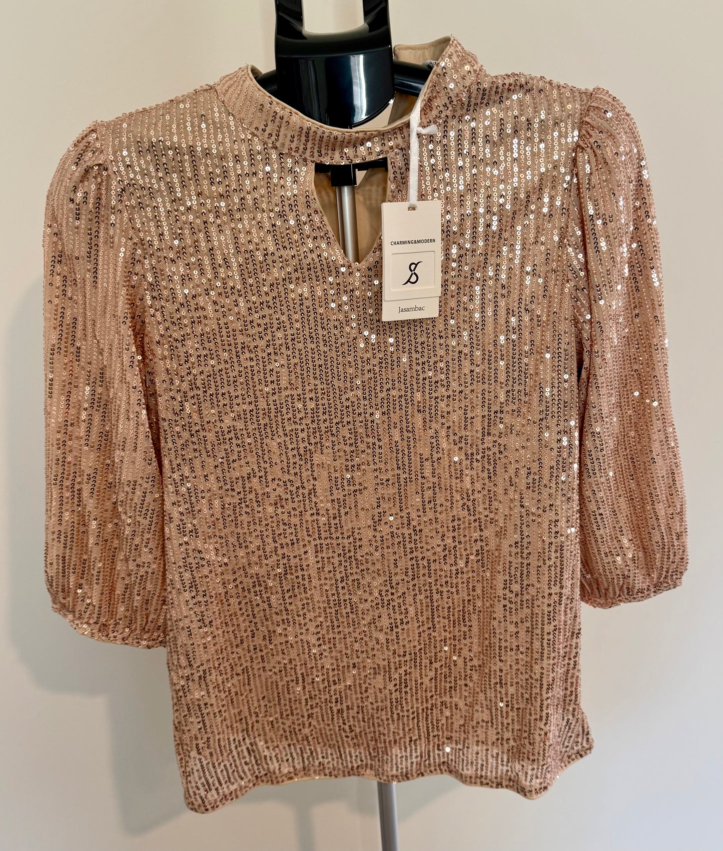 Gold Sequin Blouse – Puff Sleeve Party Top SIZE MEDIUM