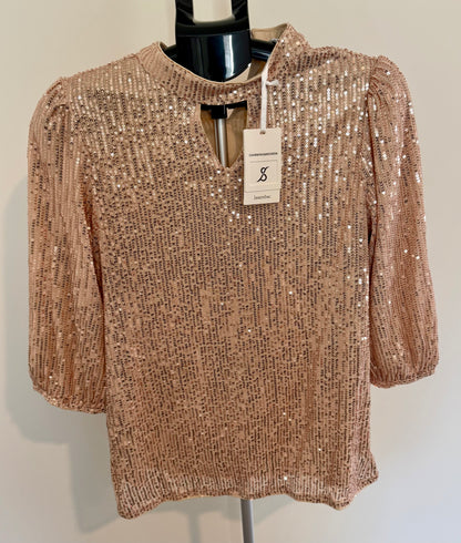 Gold Sequin Blouse – Puff Sleeve Party Top SIZE MEDIUM