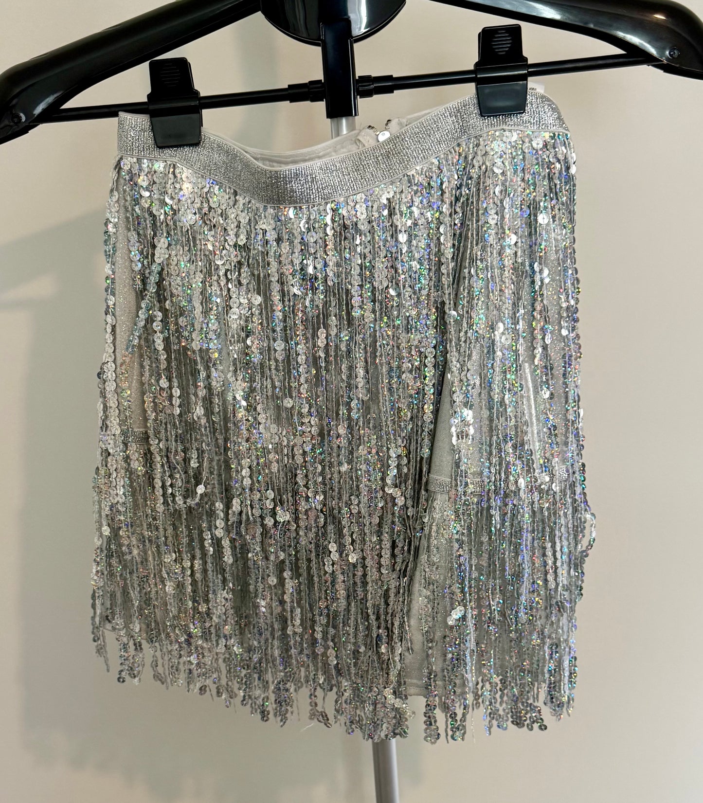 Silver Sequin Fringe Mini Skirt – Sparkly Party / Dance Skirt SIZE 4-6