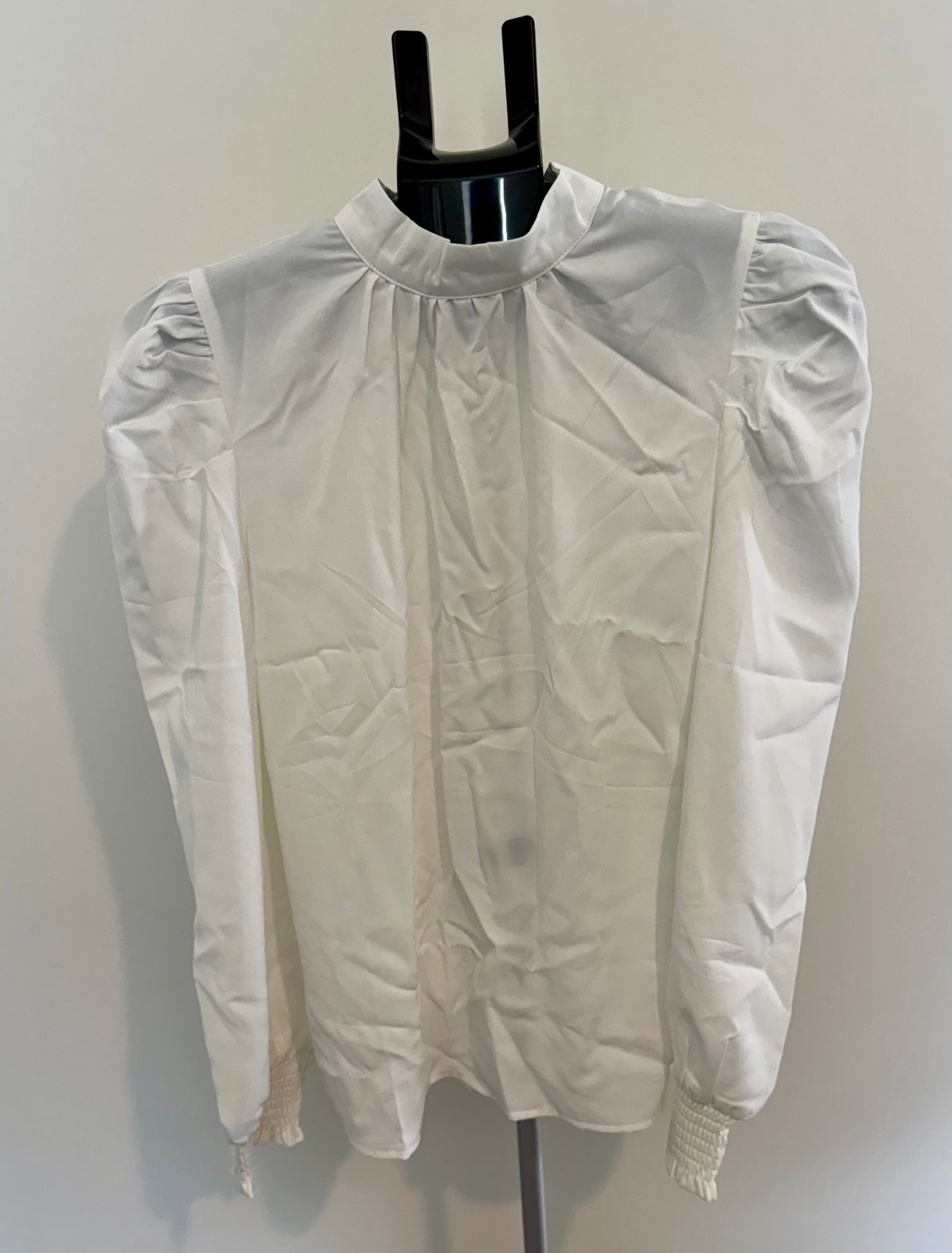 White Puff Sleeve Mock Neck Blouse – Elegant Long Sleeve Top SIZE SMALL