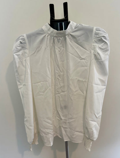 White Puff Sleeve Mock Neck Blouse – Elegant Long Sleeve Top SIZE SMALL
