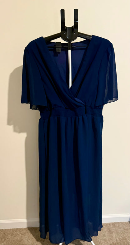 Women’s Navy Chiffon Maxi Dress – Flutter Sleeves, V-Neck, Elastic Waist SIZE 3XL