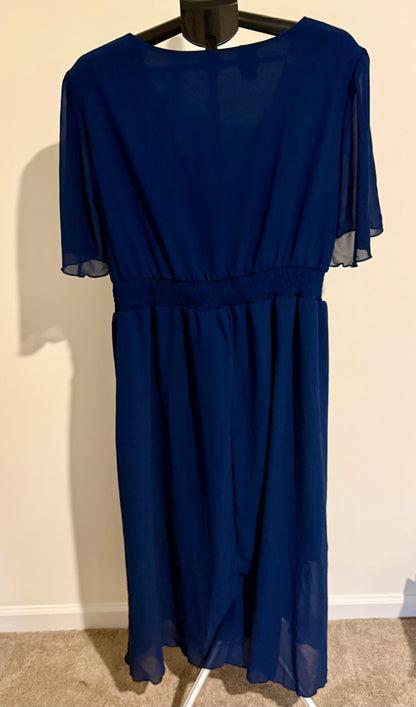 Women’s Navy Chiffon Maxi Dress – Flutter Sleeves, V-Neck, Elastic Waist SIZE 3XL