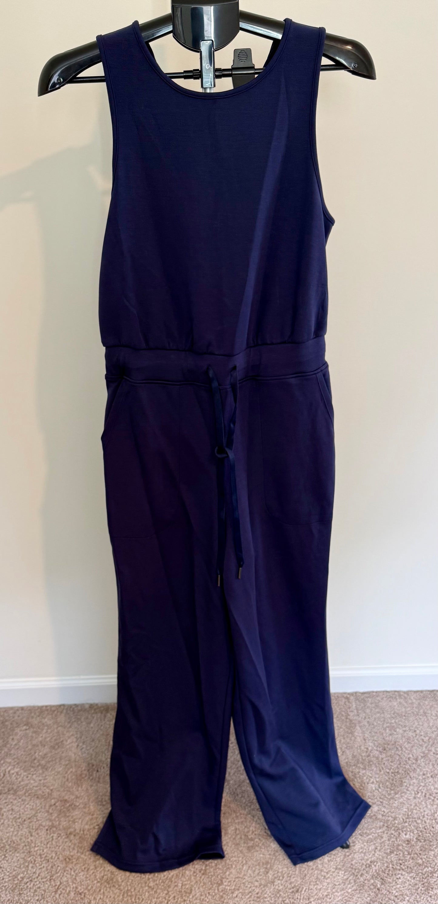 Navy Sleeveless Jumpsuit with Drawstring Waist – Soft Stretch Knit, Size M