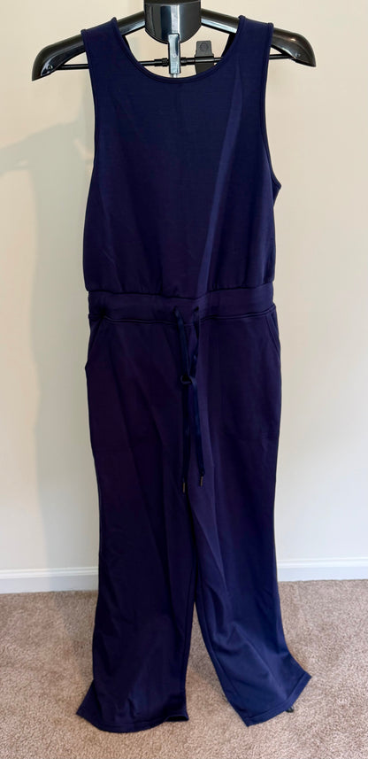 Navy Sleeveless Jumpsuit with Drawstring Waist – Soft Stretch Knit, Size M